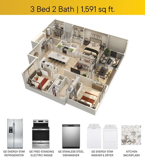 Floor plan for 3 beds, 2 baths, 1591 sqft